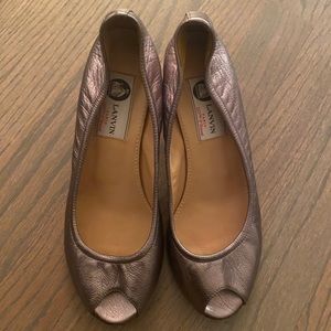 Lanvin- metallic pewter peep-toe heels